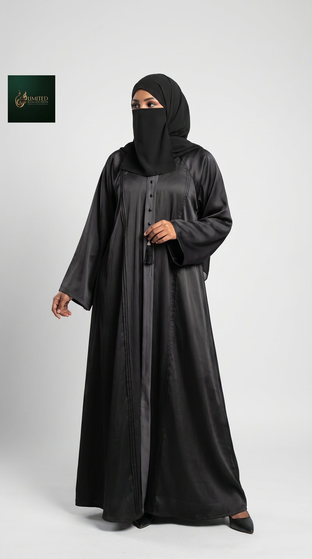 Front-Closed Black Maxi Abaya with Crystal Buttons & Tassels | Premium Romantic Nida Colored Black Maxi Abaya