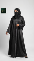 Front-Closed Black Maxi Abaya with Crystal Buttons & Tassels | Premium Romantic Nida Colored Black Maxi Abaya