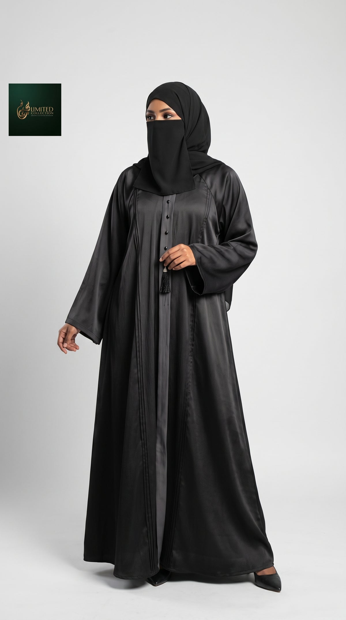 Front-Closed Black Maxi Abaya with Crystal Buttons & Tassels | Premium Romantic Nida Colored Black Maxi Abaya