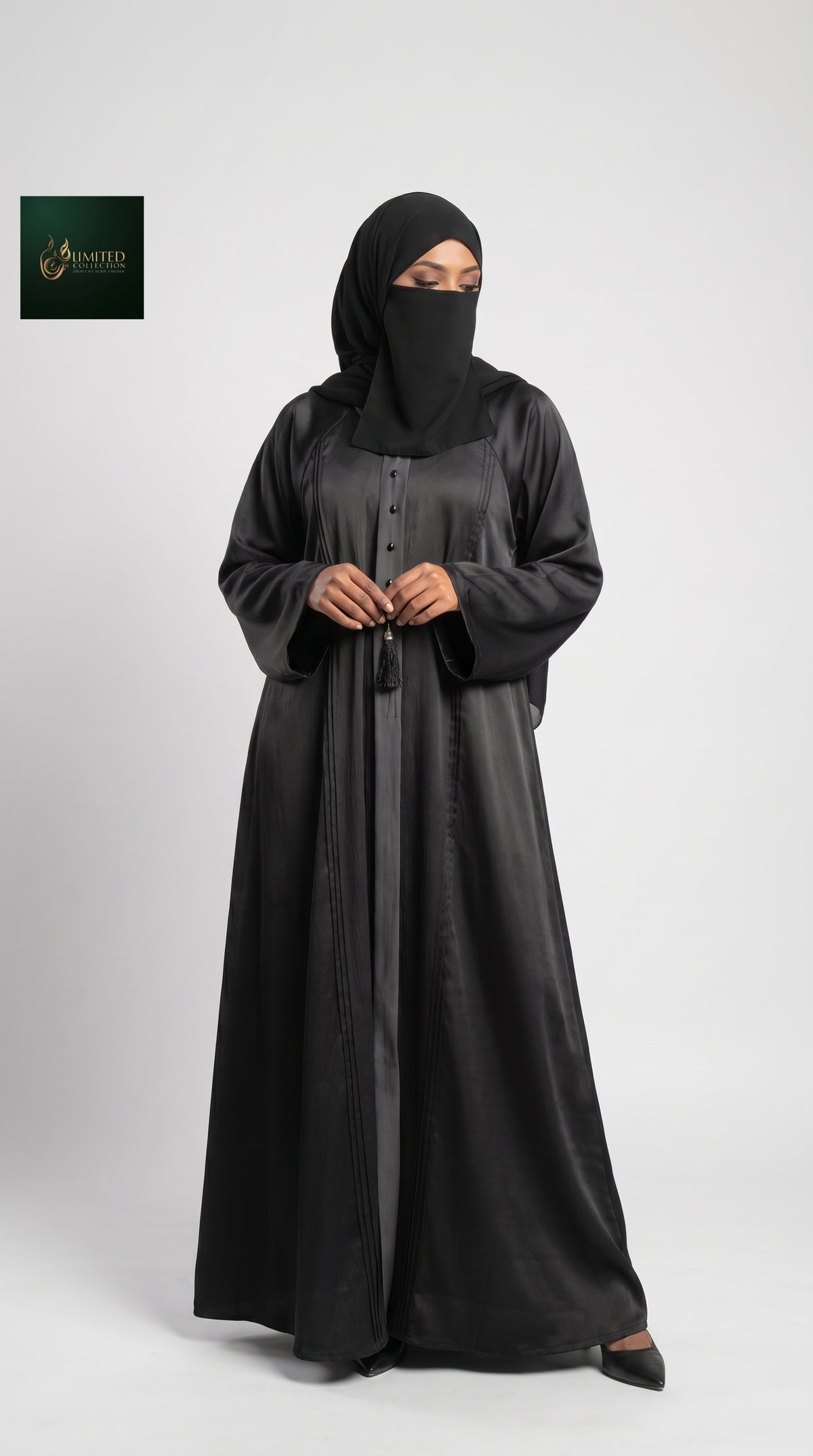 Front-Closed Black Maxi Abaya with Crystal Buttons & Tassels | Premium Romantic Nida Colored Black Maxi Abaya