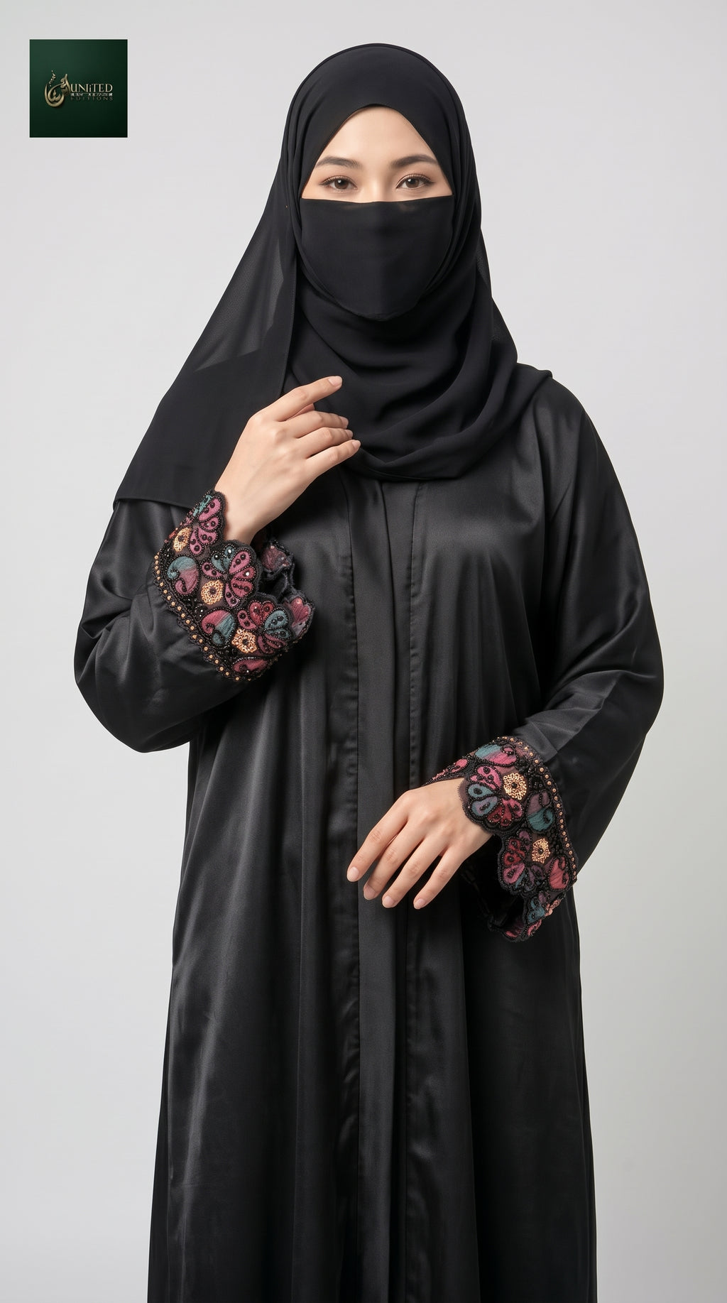 Front-Open Black Abaya with Handwork Cutdana Cuffs | Premium Nida Black Handcrafted Cutdana Abaya