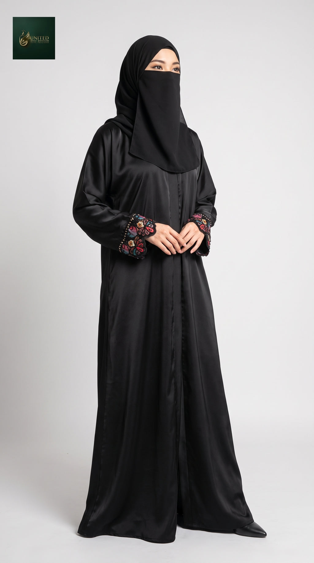 Front-Open Black Abaya with Handwork Cutdana Cuffs | Premium Nida Black Handcrafted Cutdana Abaya