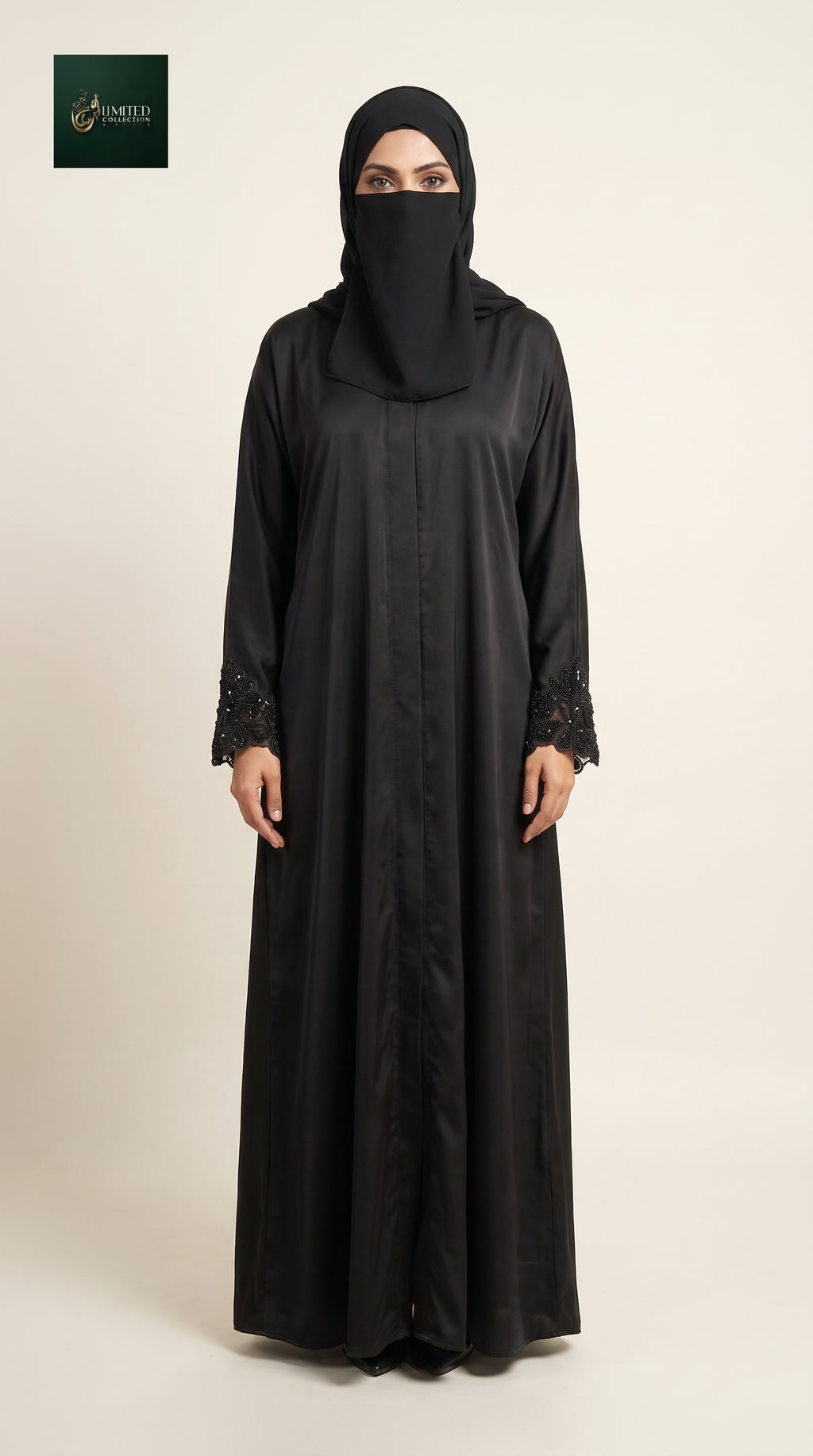 Front-Open Abaya with Handcrafted Paisley Flower Cutdana Cuffs | Premium Nida Black Cutdana Handwork Abaya