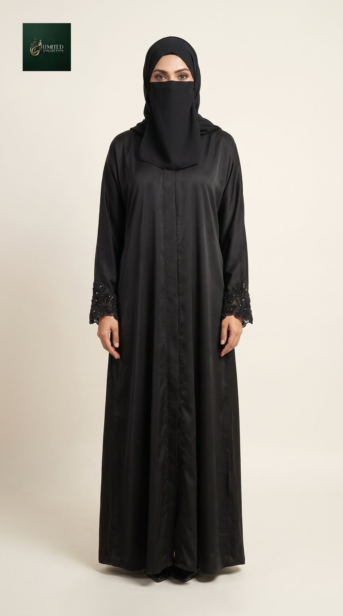 Front-Open Abaya with Handcrafted Paisley Flower Cutdana Cuffs | Premium Nida Black Cutdana Handwork Abaya