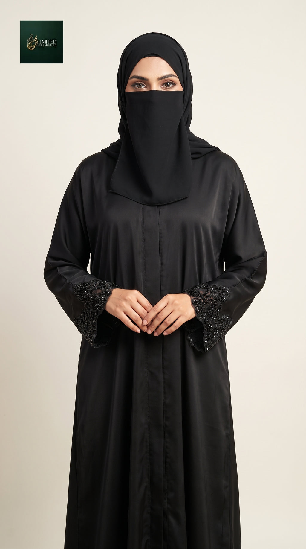 Front-Open Abaya with Handcrafted Paisley Flower Cutdana Cuffs | Premium Nida Black Cutdana Handwork Abaya