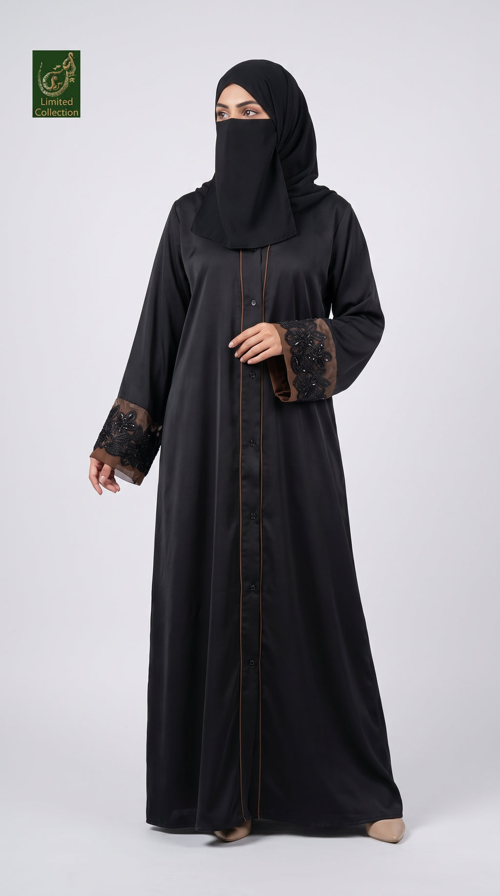 Front-Open Abaya with Contrast Piping & Cutdana Cuffs | Premium Nida Black Cutdana Handwork Abaya
