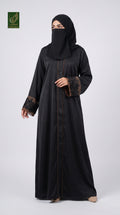 Front-Open Abaya with Contrast Piping & Cutdana Cuffs | Premium Nida Black Cutdana Handwork Abaya