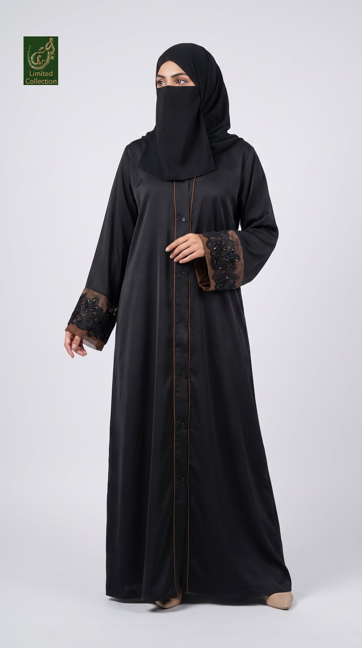 Front-Open Abaya with Contrast Piping & Cutdana Cuffs | Premium Nida Black Cutdana Handwork Abaya