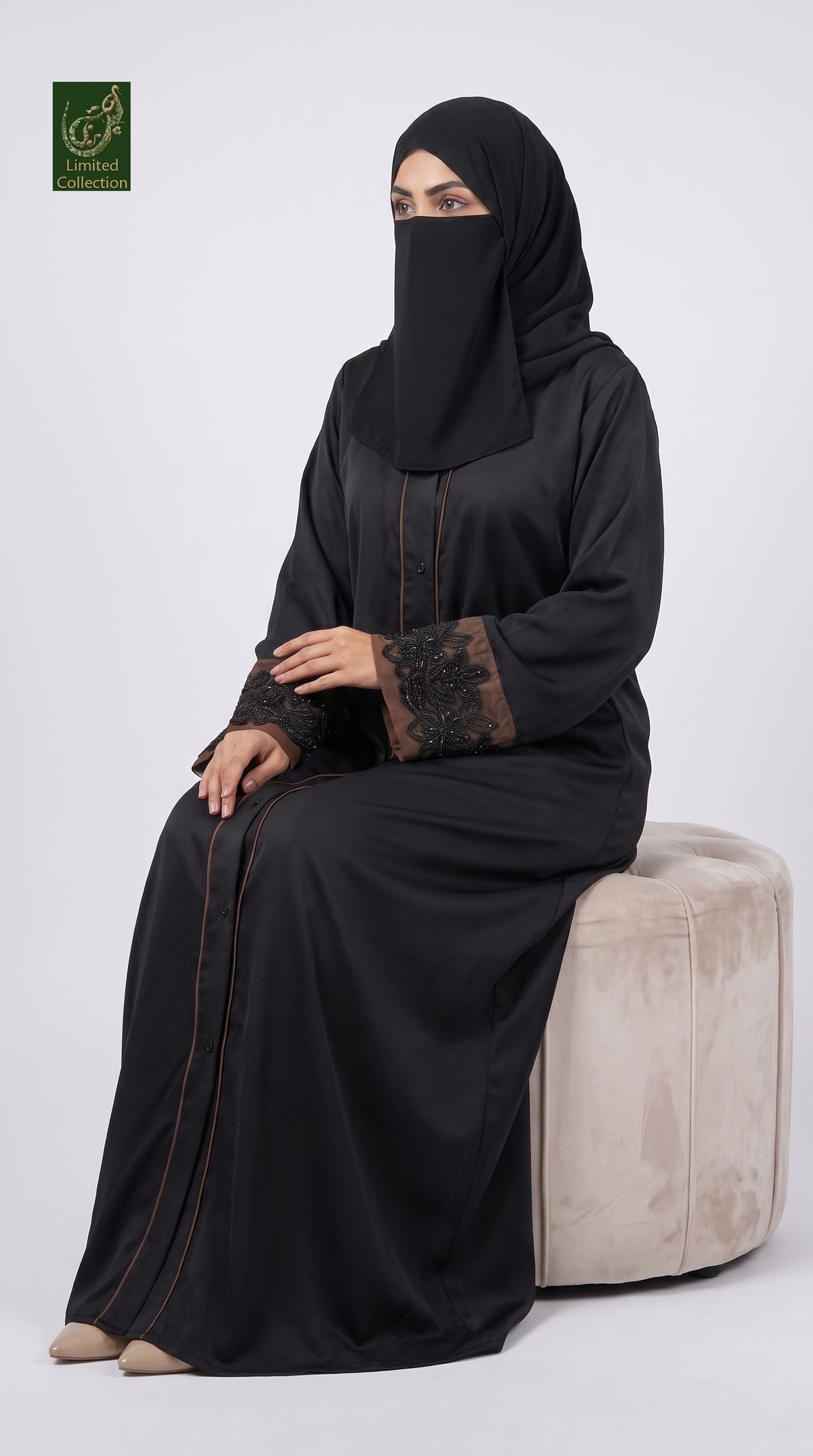Front-Open Abaya with Contrast Piping & Cutdana Cuffs | Premium Nida Black Cutdana Handwork Abaya