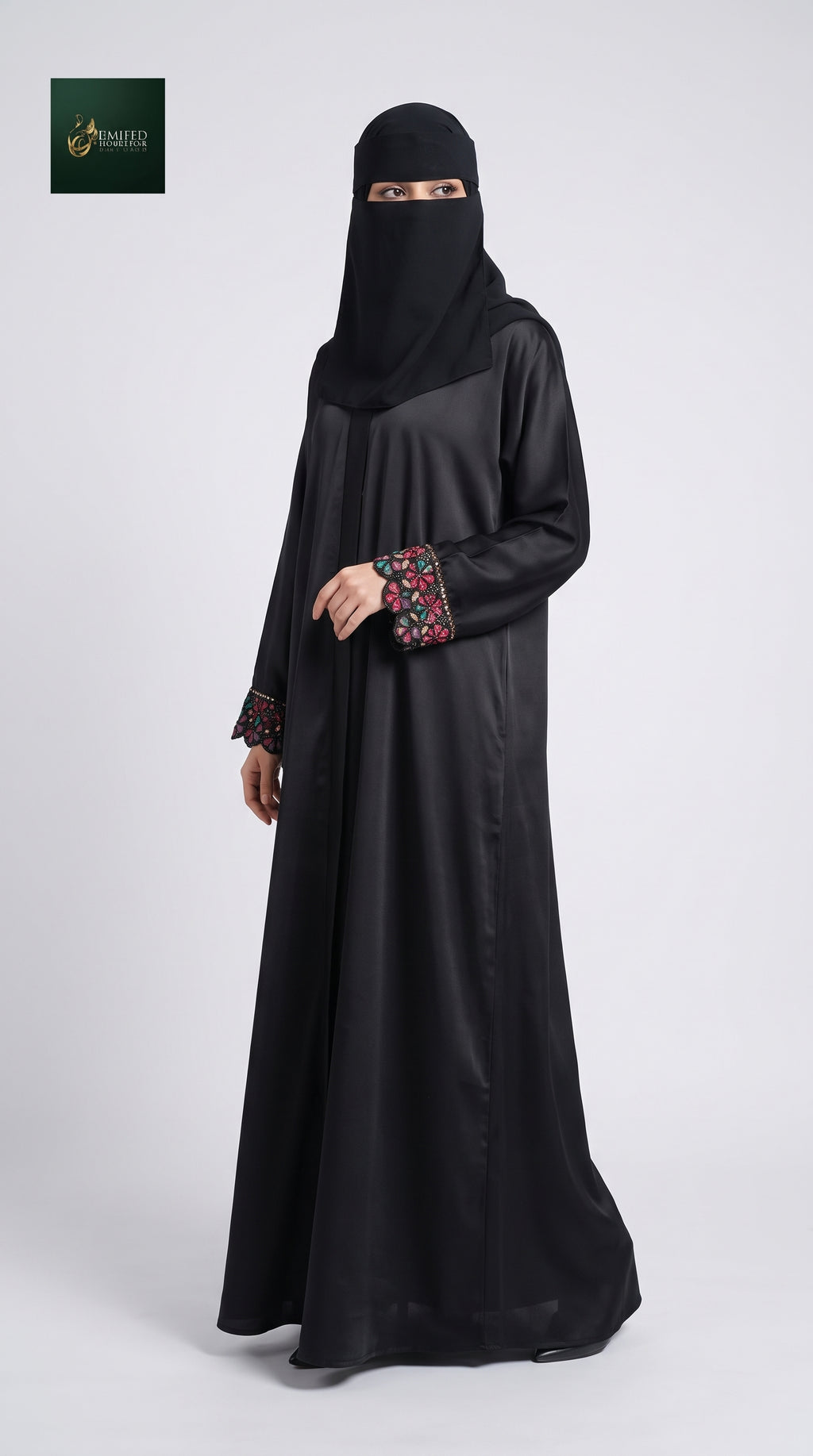 Front-Open Black Abaya with Handcrafted Colorful Tissue Cutdana Cuffs | Premium Nida Black Cutdana Handwork Abaya