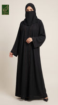 Front-Open Handcrafted Floret Beaded Black Abaya | Premium Nida Black Handwork Cutdana Abaya