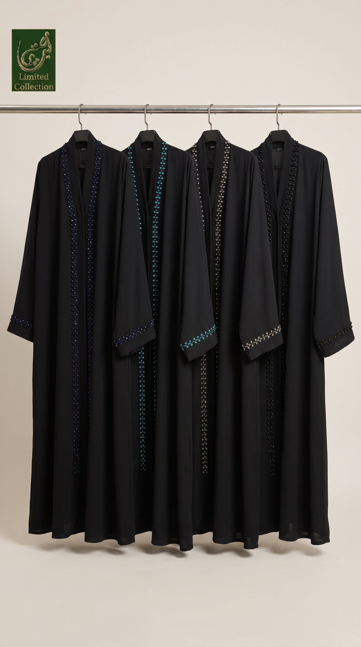 Front-Open Handcrafted Floret Beaded Black Abaya | Premium Nida Black Handwork Cutdana Abaya