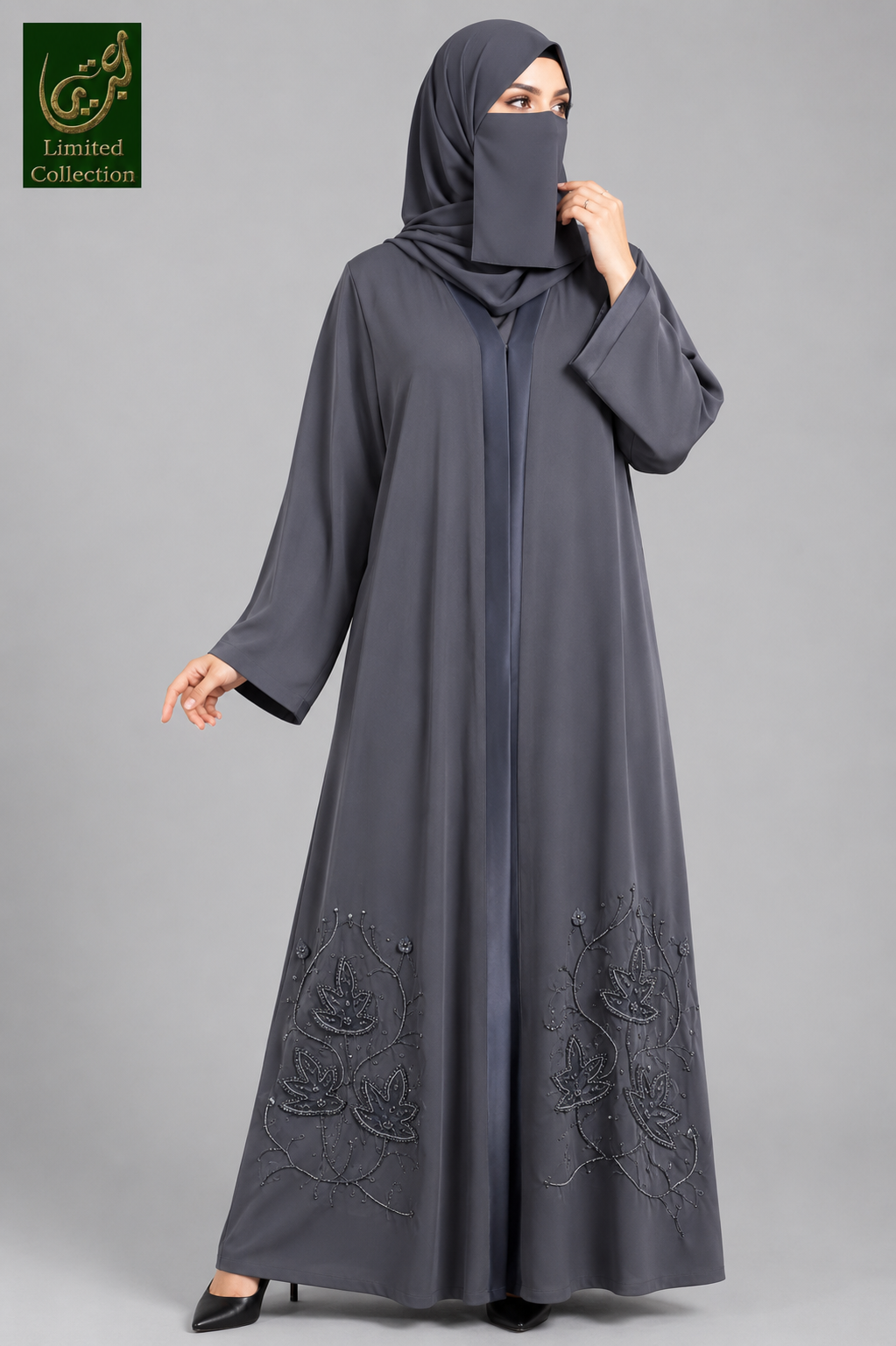 Front-Open Handcrafted Lotus Vine Cutdana Abaya | Premium Romantic Nida Handwork Embellished Abaya