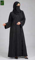 Front-Open Pleated Handcrafted Cutdana Bead Stripe Abaya | Premium Nida Pleated Cutdana Handwork Abaya