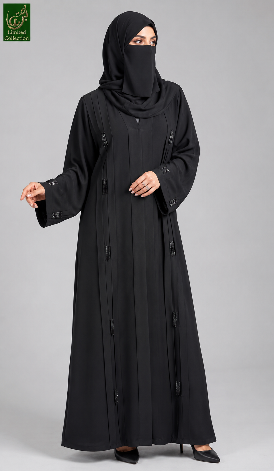 Front-Open Pleated Handcrafted Cutdana Bead Stripe Abaya | Premium Nida Pleated Cutdana Handwork Abaya