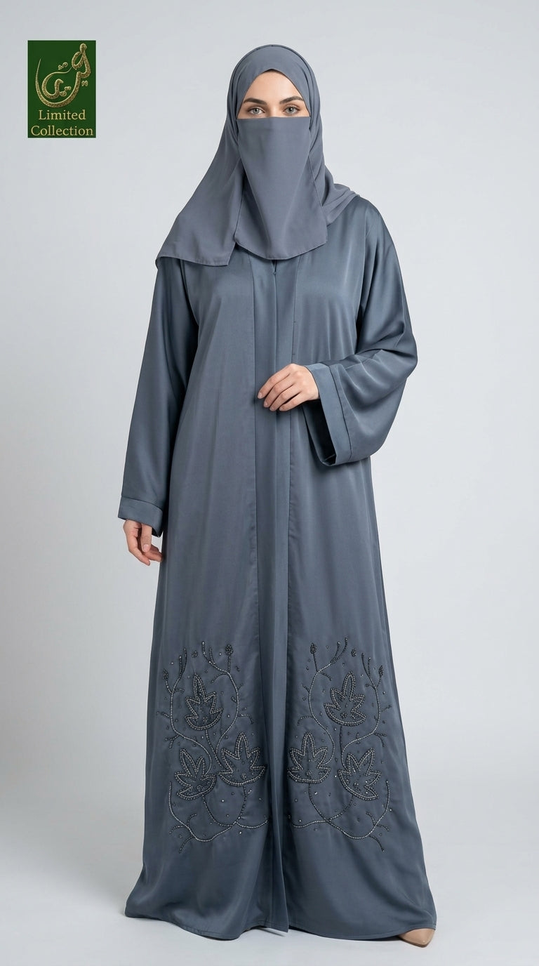 Front-Open Vine Cutdana Handwork Abaya | Premium Romantic Nida Handcrafted Cutdana Colored Abaya