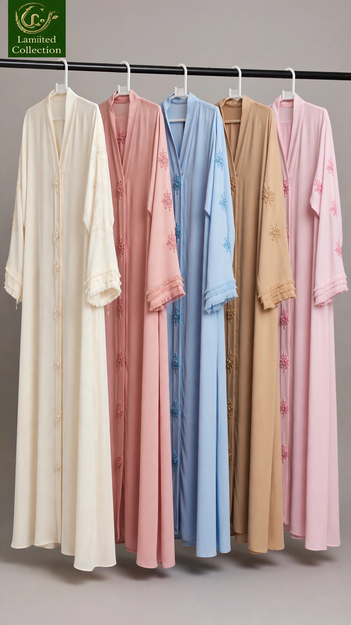 Front-Open Cutdana Handwork Feather-Cuff Abaya with Scarf | Premium Moss Chiffon Handcrafted Cutdana Abaya with Matching Scarf
