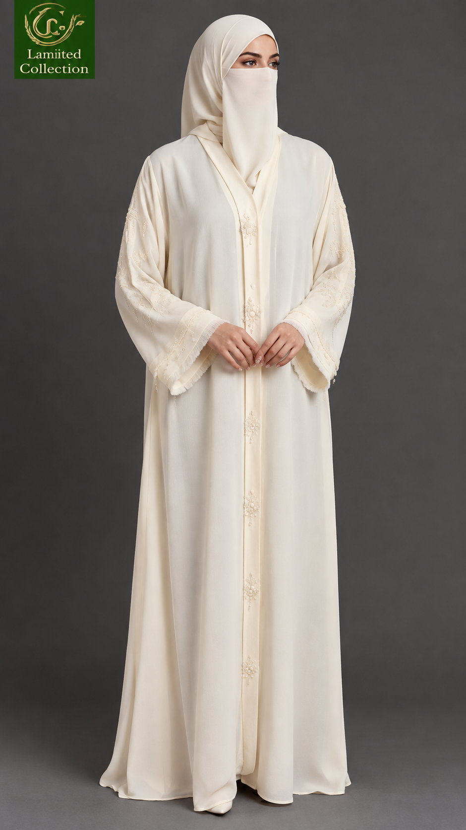 Front-Open Cutdana Handwork Feather-Cuff Abaya with Scarf | Premium Moss Chiffon Handcrafted Cutdana Abaya with Matching Scarf