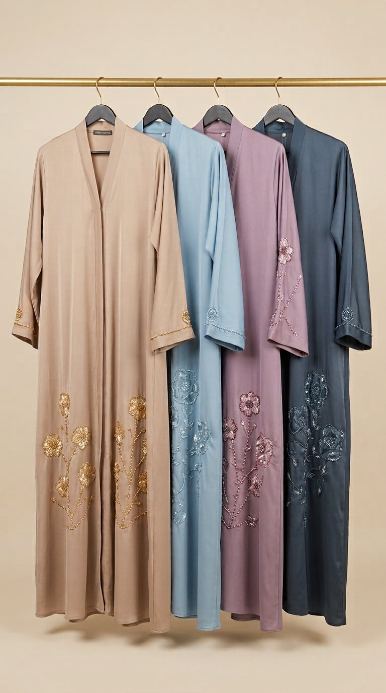 Front-Open Tissue Rose Handwork Cutdana Abaya | Premium Romantic Nida Tissue Cutdana Hand Embellishment Abaya