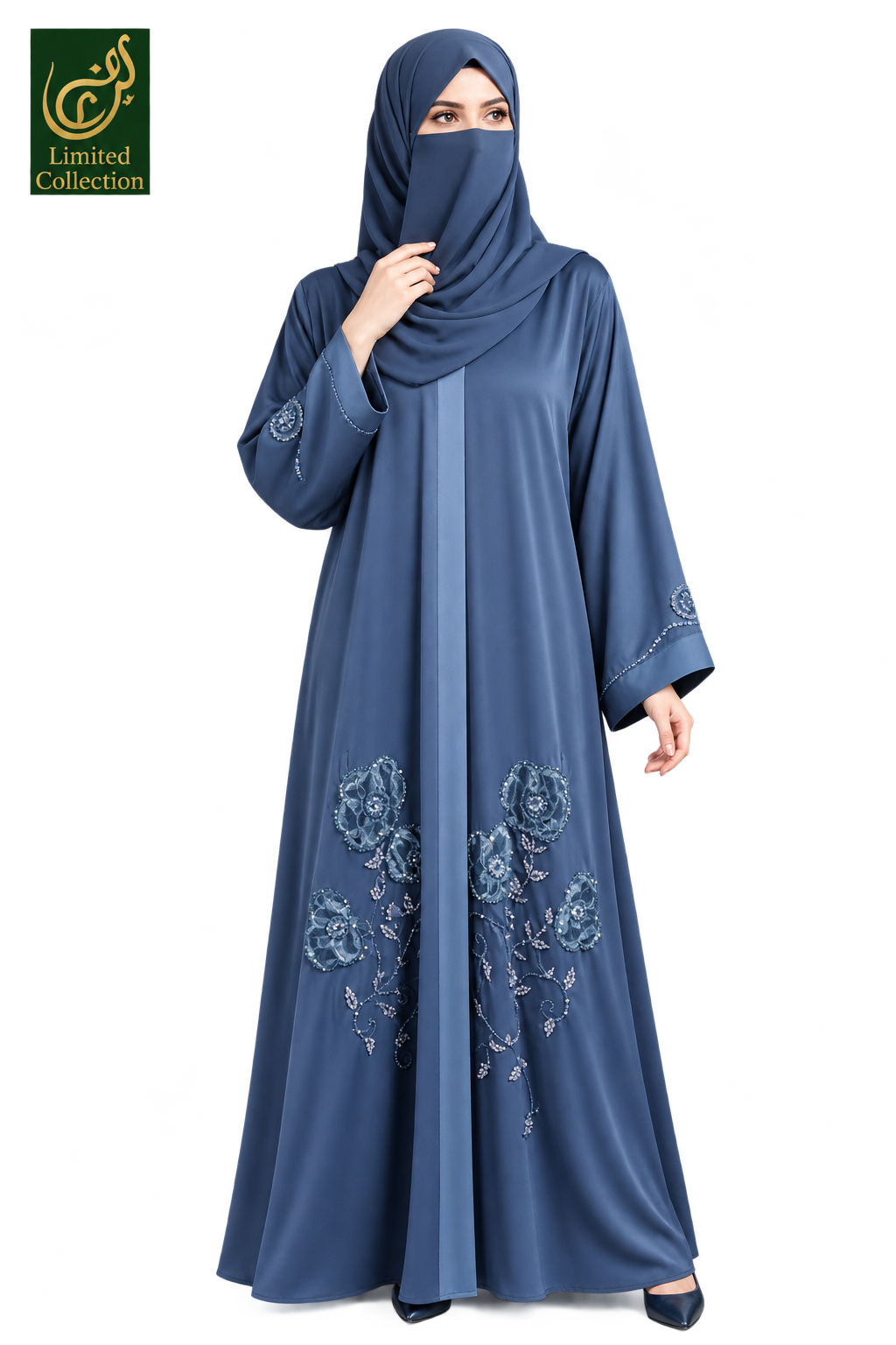 Front-Open Tissue Rose Handwork Cutdana Abaya | Premium Romantic Nida Tissue Cutdana Hand Embellishment Abaya