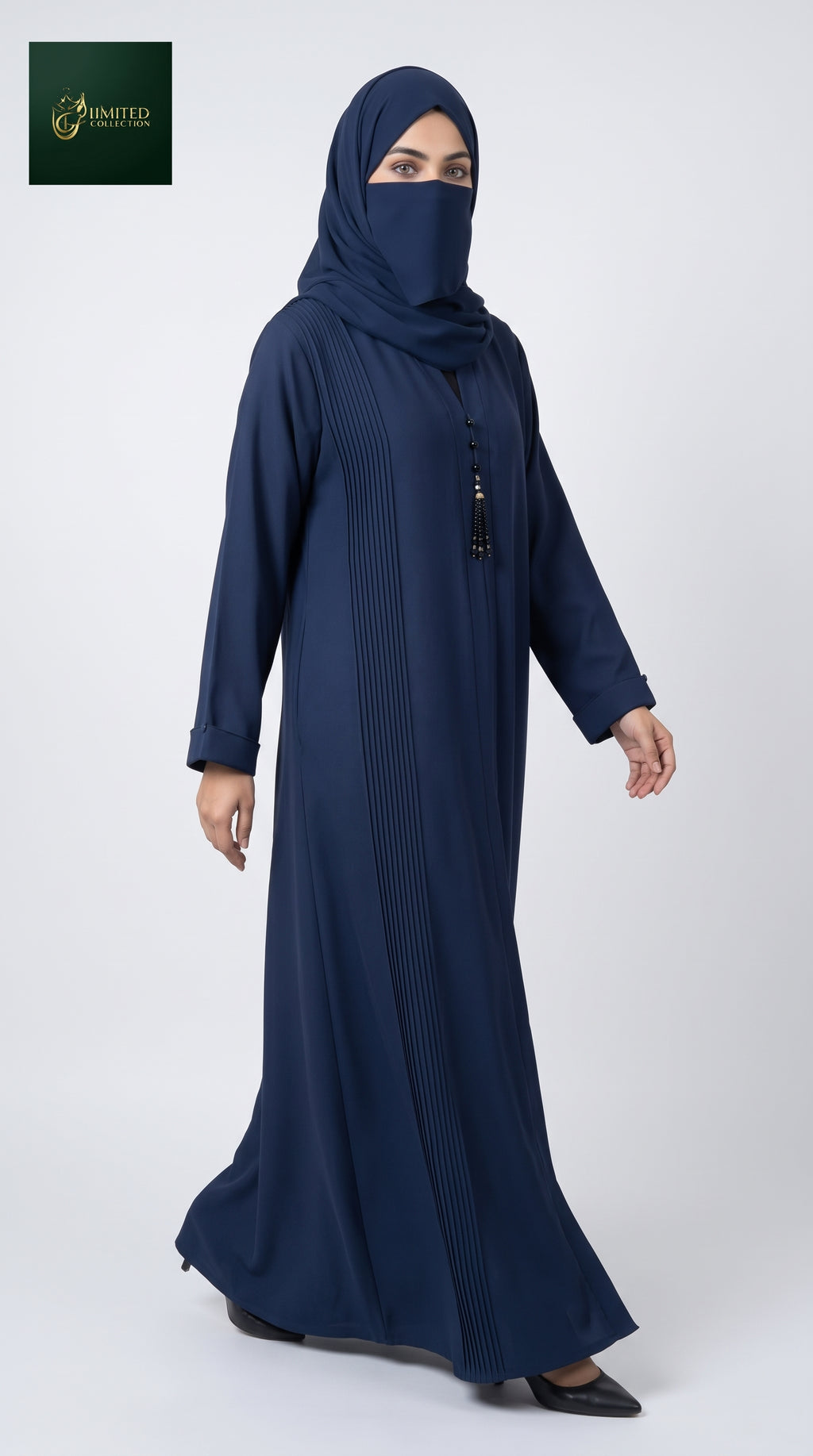 Front-Open Pintuck Panel Abaya with Crystal Buttons & Tassel | Premium Romantic Nida Handcrafted Cutdana Abaya