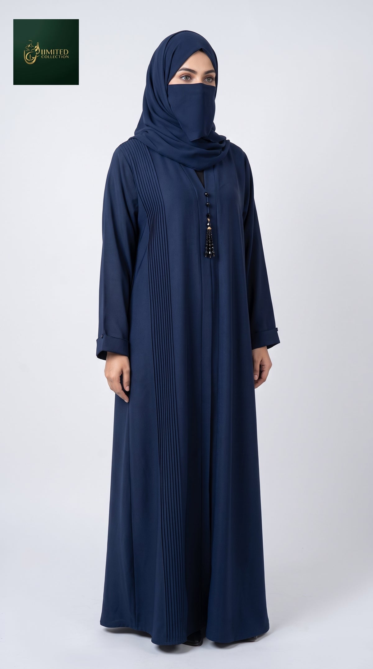Front-Open Pintuck Panel Abaya with Crystal Buttons & Tassel | Premium Romantic Nida Handcrafted Cutdana Abaya