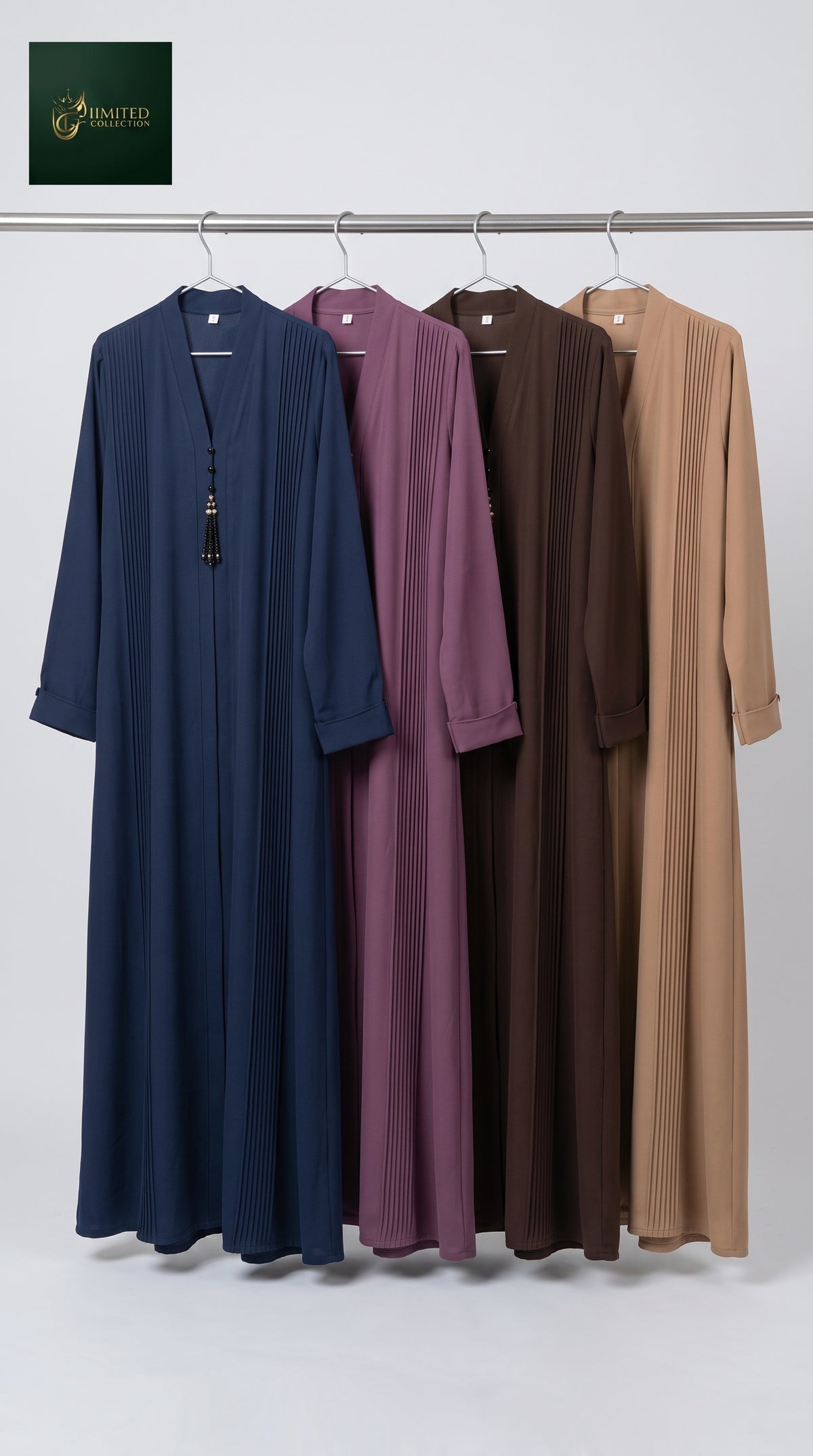 Front-Open Pintuck Panel Abaya with Crystal Buttons & Tassel | Premium Romantic Nida Handcrafted Cutdana Abaya