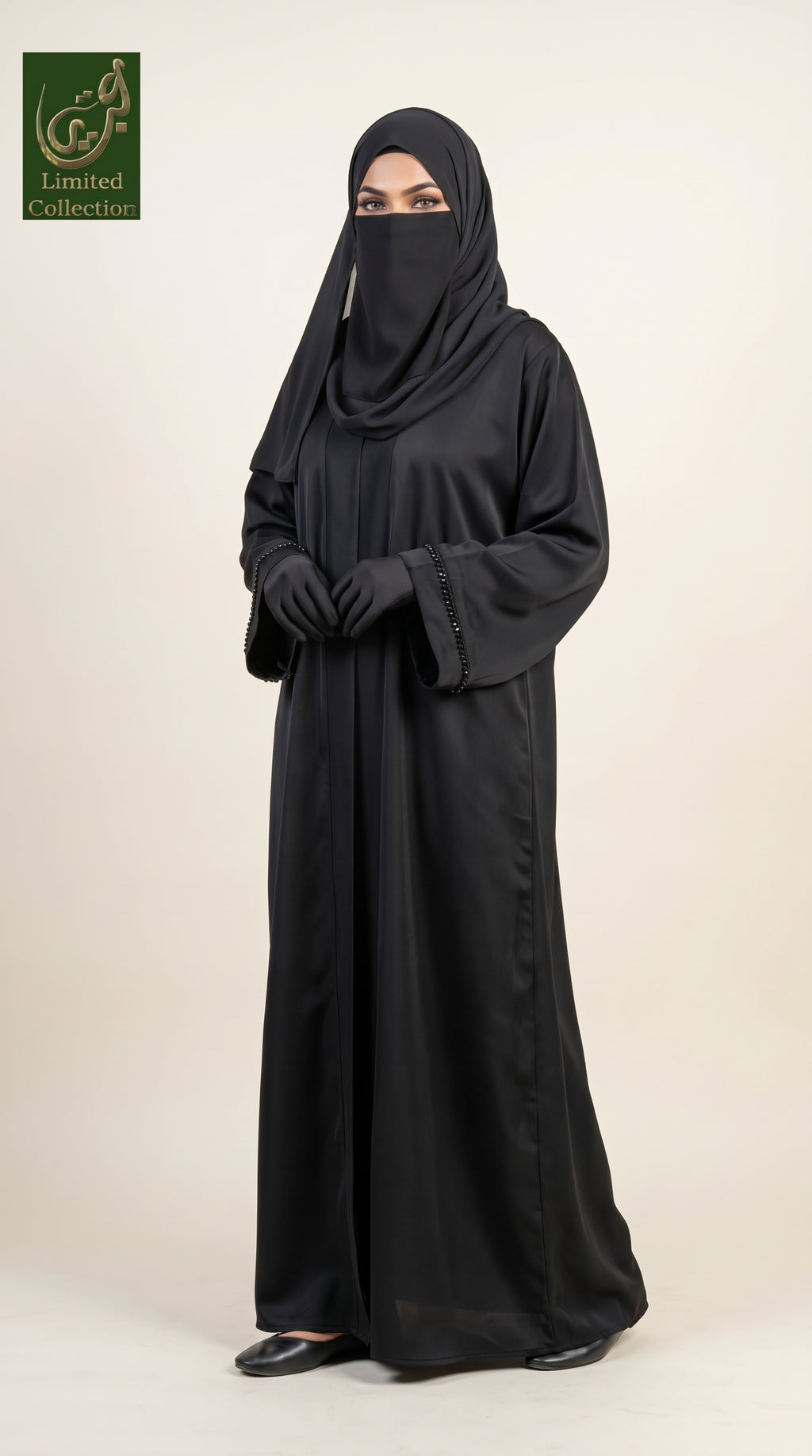 Front-Open Black Abaya with Handcrafted Cutdana Cuffs | Premium Nida Handwork Cutdana Black Abaya