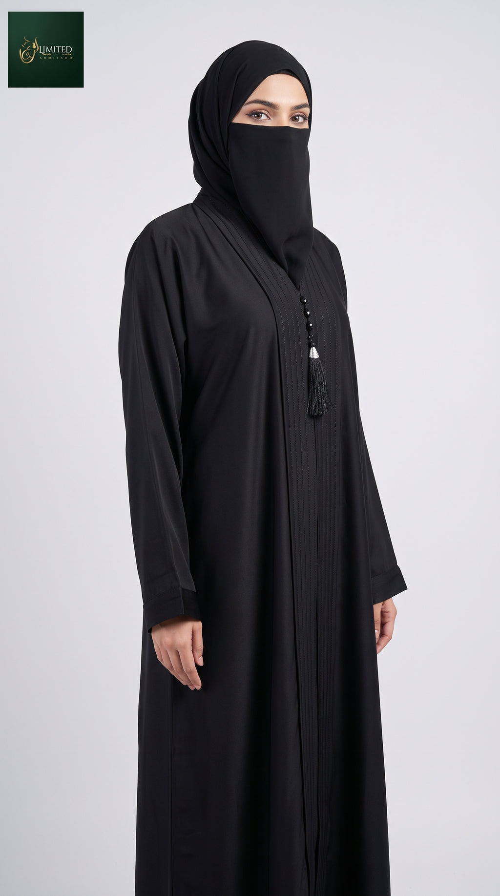 Front-Open Black Pintuck Placket Abaya with Tassel | Premium Nida Handwork Crystal Button & Tassel Black Abaya