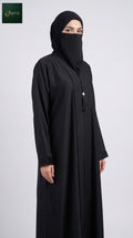 Front-Open Black Pintuck Placket Abaya with Tassel | Premium Nida Handwork Crystal Button & Tassel Black Abaya