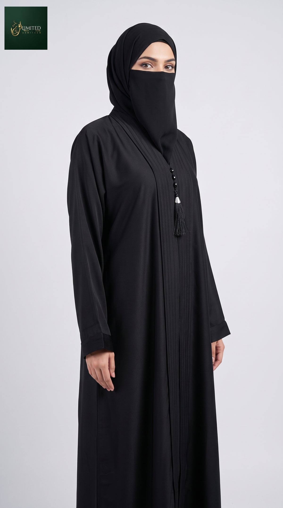 Front-Open Black Pintuck Placket Abaya with Tassel | Premium Nida Handwork Crystal Button & Tassel Black Abaya