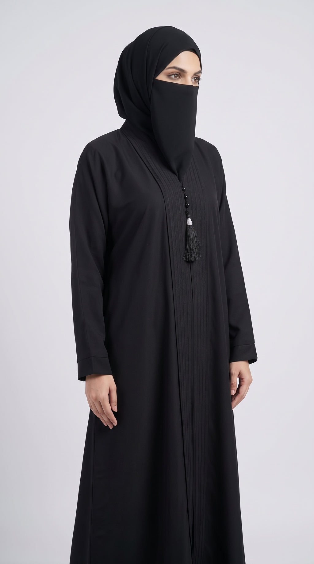 Front-Open Black Pintuck Placket Abaya with Tassel | Premium Nida Handwork Crystal Button & Tassel Black Abaya