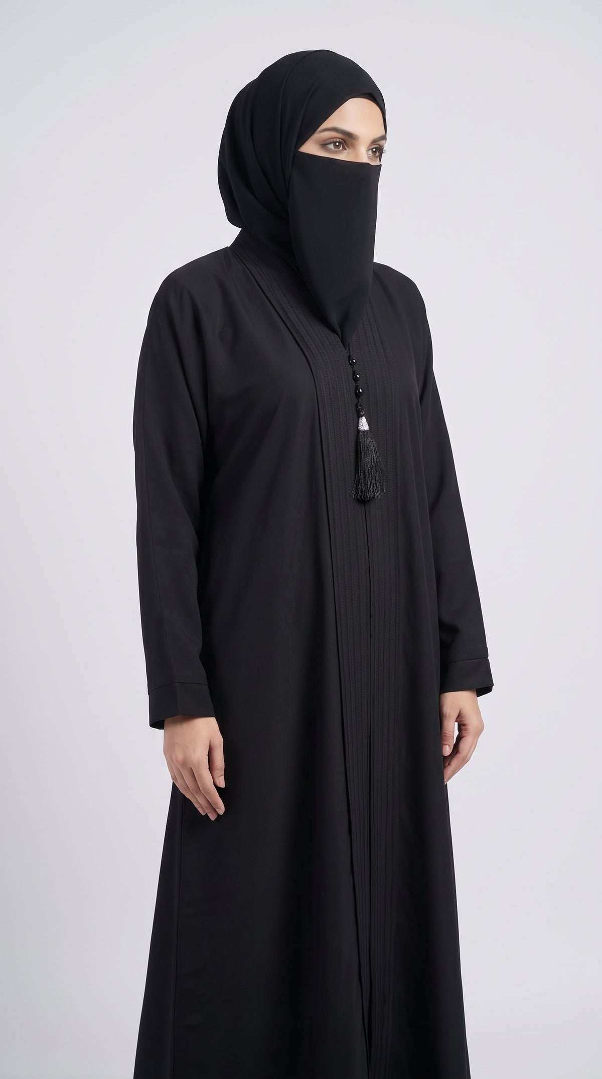 Front-Open Black Pintuck Placket Abaya with Tassel | Premium Nida Handwork Crystal Button & Tassel Black Abaya