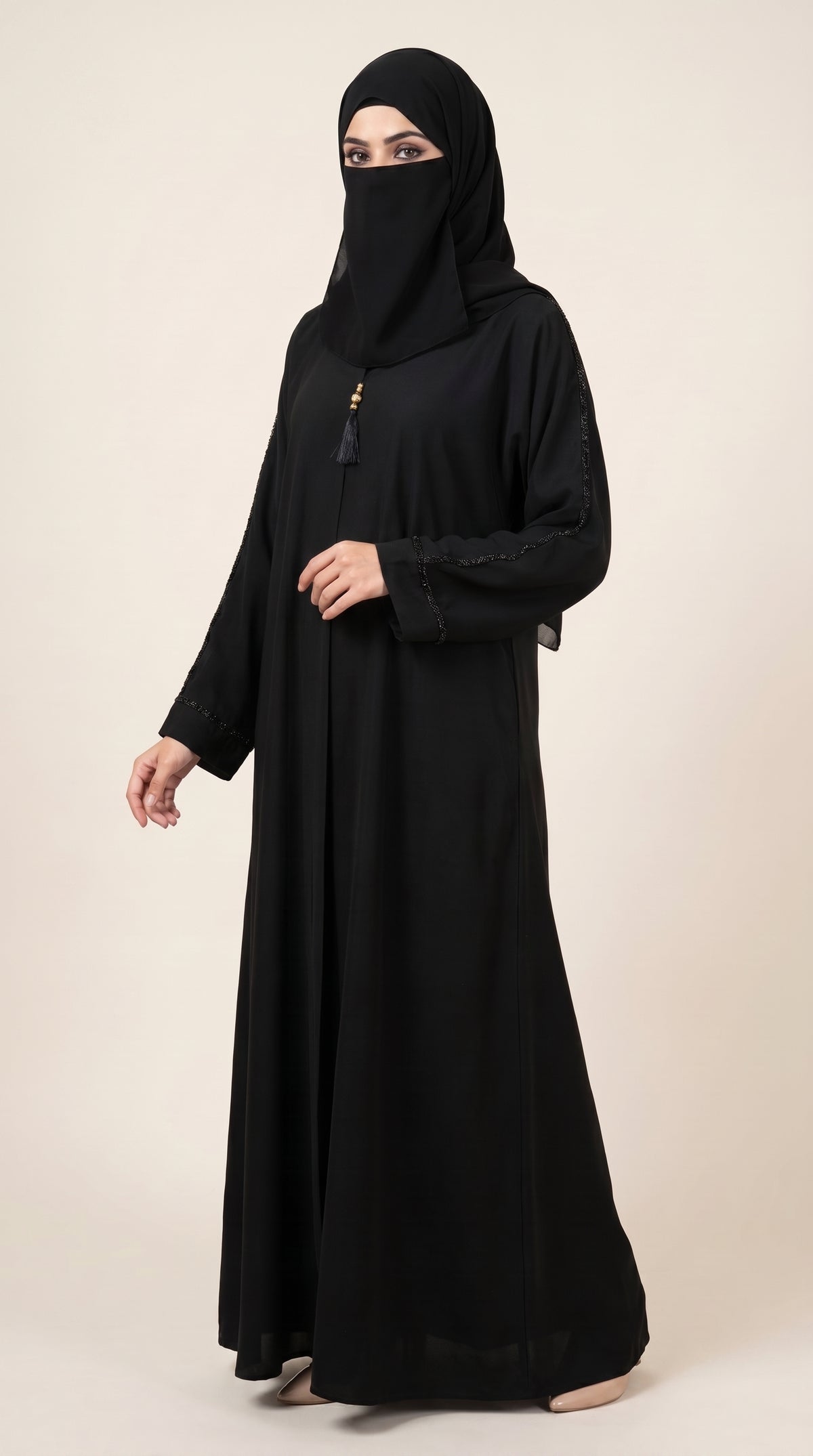 Front-Open Black Abaya with Cutdana Handwork & Tassel | Premium Nida Black Handcrafted Cutdana Abaya