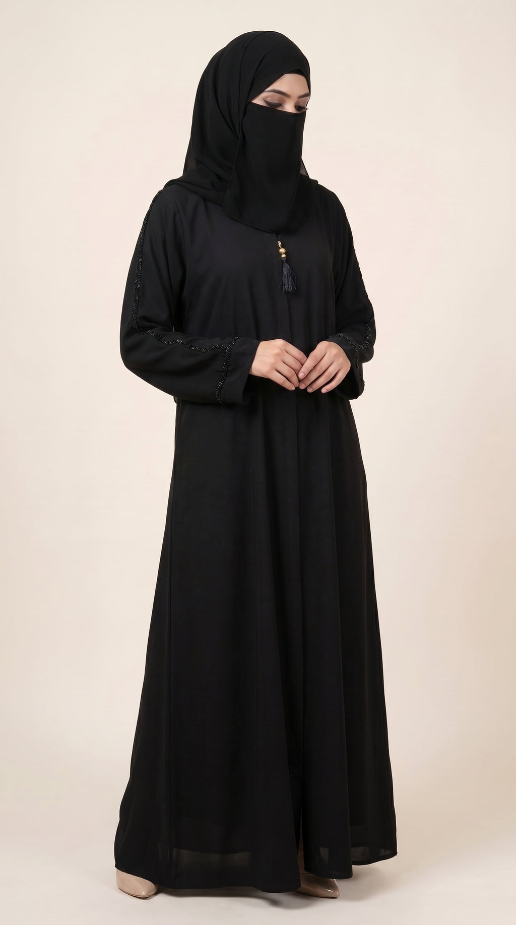 Front-Open Black Abaya with Cutdana Handwork & Tassel | Premium Nida Black Handcrafted Cutdana Abaya