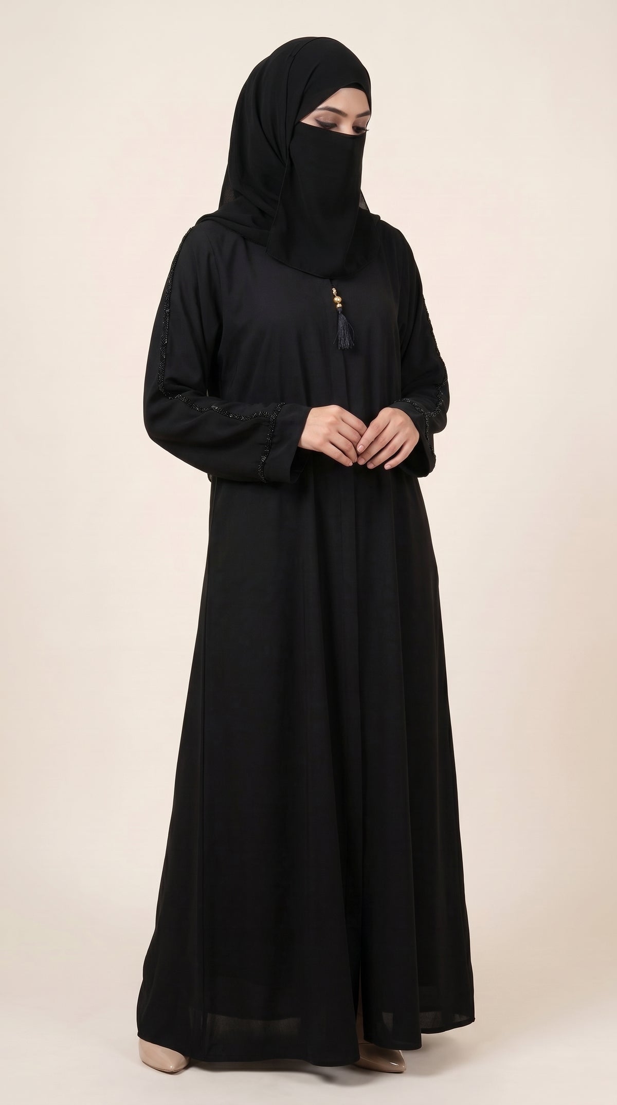 Front-Open Black Abaya with Cutdana Handwork & Tassel | Premium Nida Black Handcrafted Cutdana Abaya