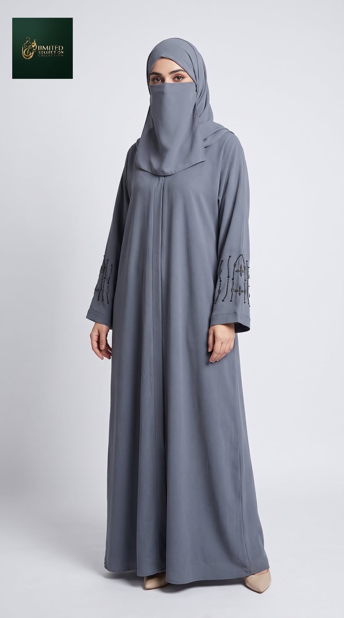 Front-Open Abaya with Droplets Handcrafted Cutdana Cuffs | Premium Korean Nida Handwork Cutdana Colored Abaya