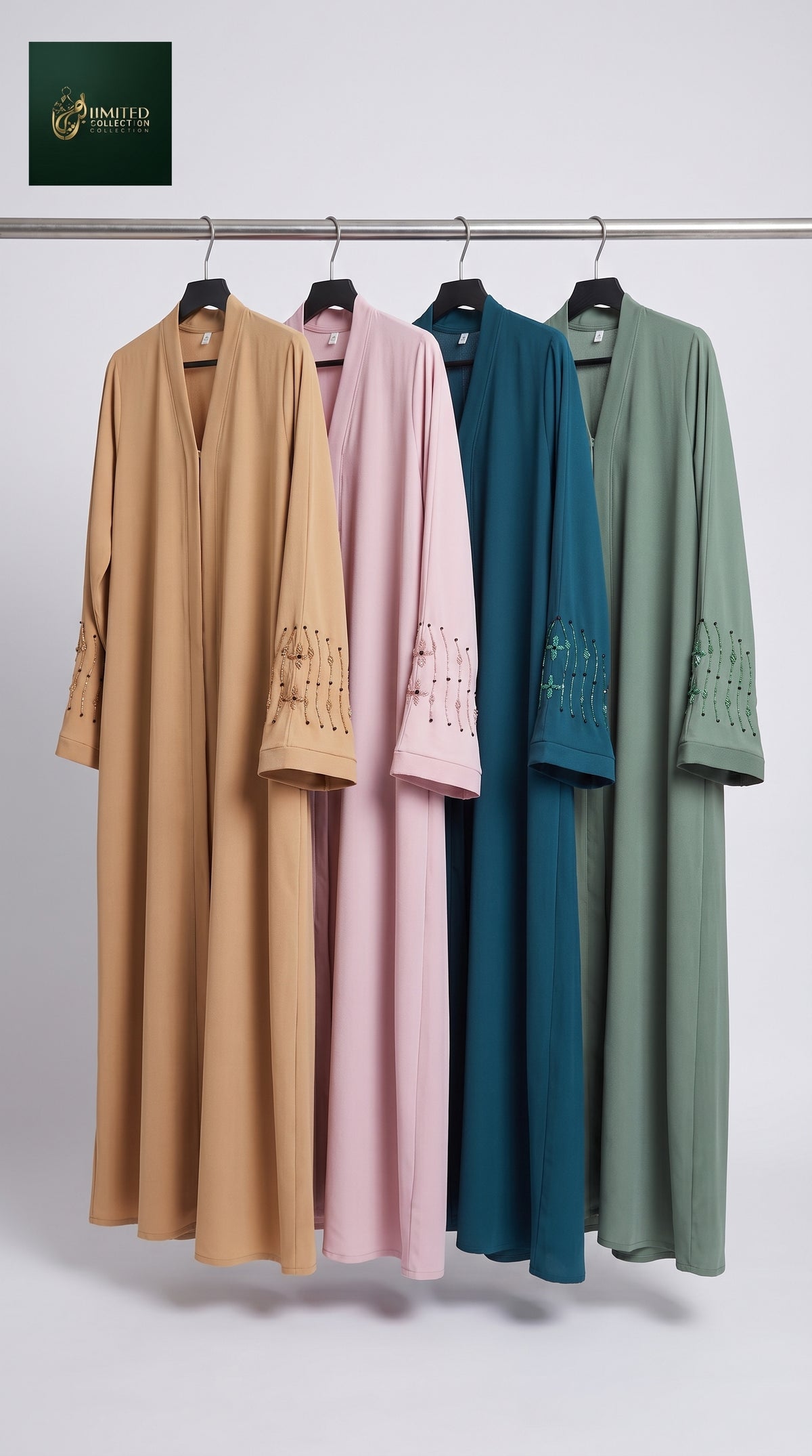 Front-Open Abaya with Droplets Handcrafted Cutdana Cuffs | Premium Korean Nida Handwork Cutdana Colored Abaya