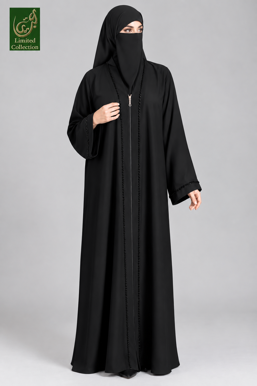 Front-Open Black Abaya with Cutdana Handwork | Premium Nida Black Handcrafted Cutdana Abaya