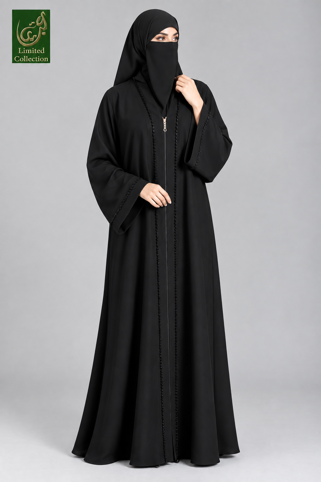 Front-Open Black Abaya with Cutdana Handwork | Premium Nida Black Handcrafted Cutdana Abaya
