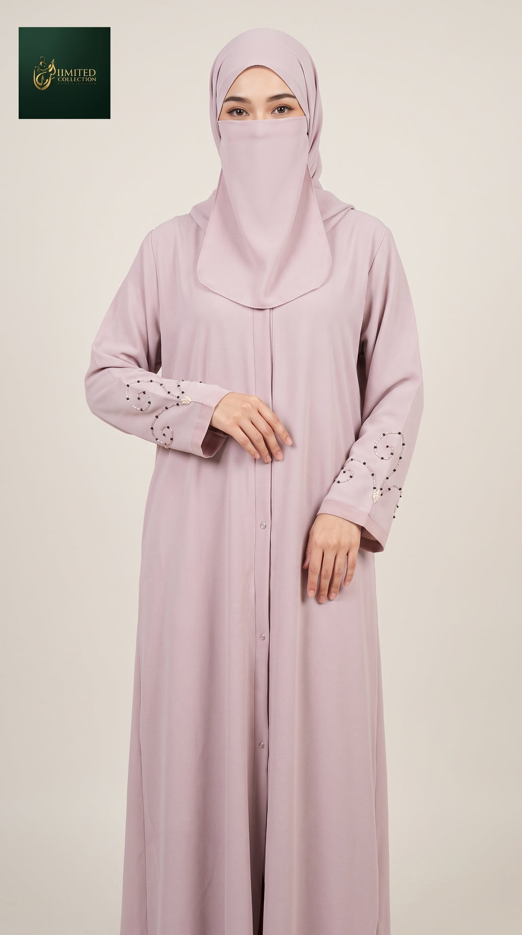 Front-Open Abaya with Swirly Cutdana Handwork Cuffs | Premium Moss Chiffon Handcrafted Cutdana Colored Abaya