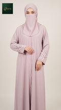 Front-Open Abaya with Swirly Cutdana Handwork Cuffs | Premium Moss Chiffon Handcrafted Cutdana Colored Abaya