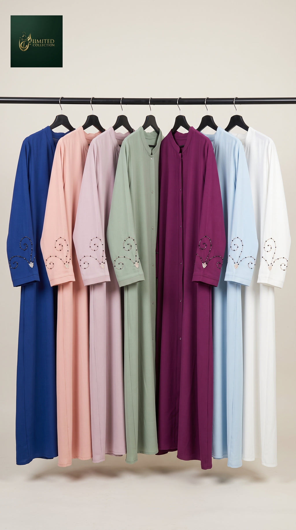 Front-Open Abaya with Swirly Cutdana Handwork Cuffs | Premium Moss Chiffon Handcrafted Cutdana Colored Abaya