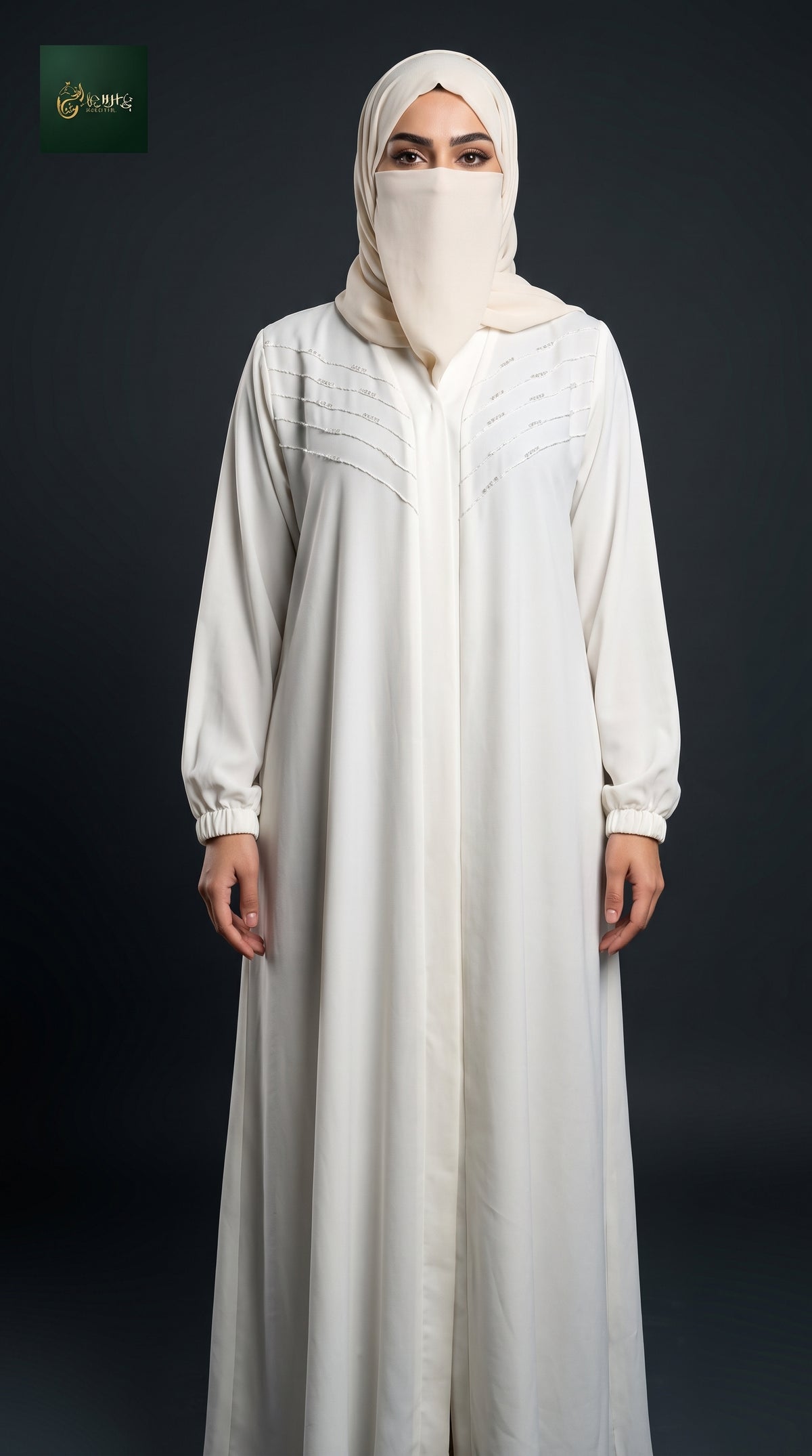 Front-Open Handcrafted Cutdana Chevron Pintex Abaya | Premium Nida Colored Cutdana Handwork Abaya