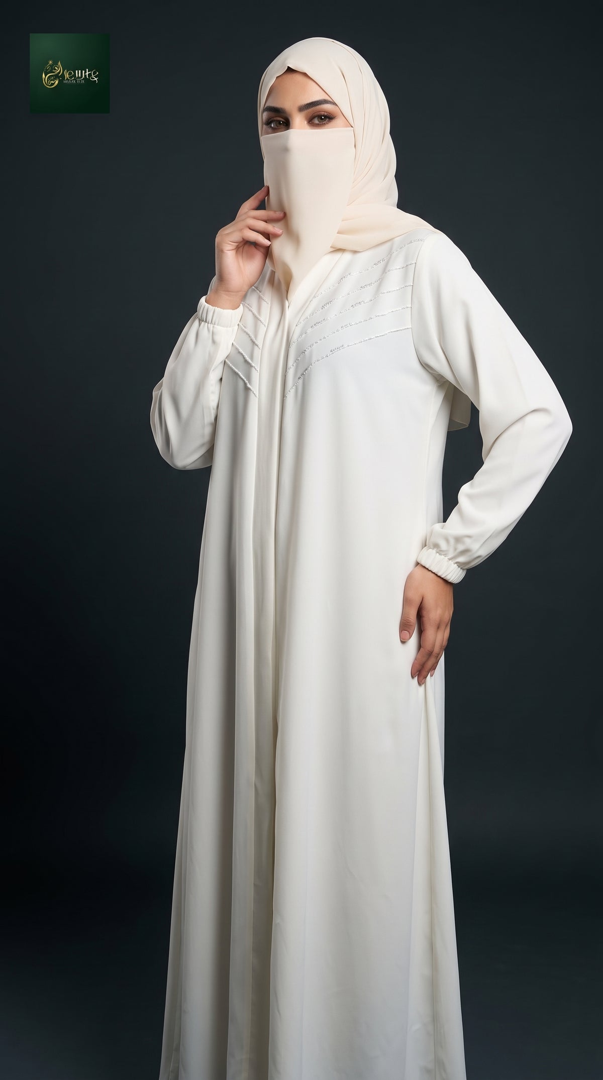 Front-Open Handcrafted Cutdana Chevron Pintex Abaya | Premium Nida Colored Cutdana Handwork Abaya