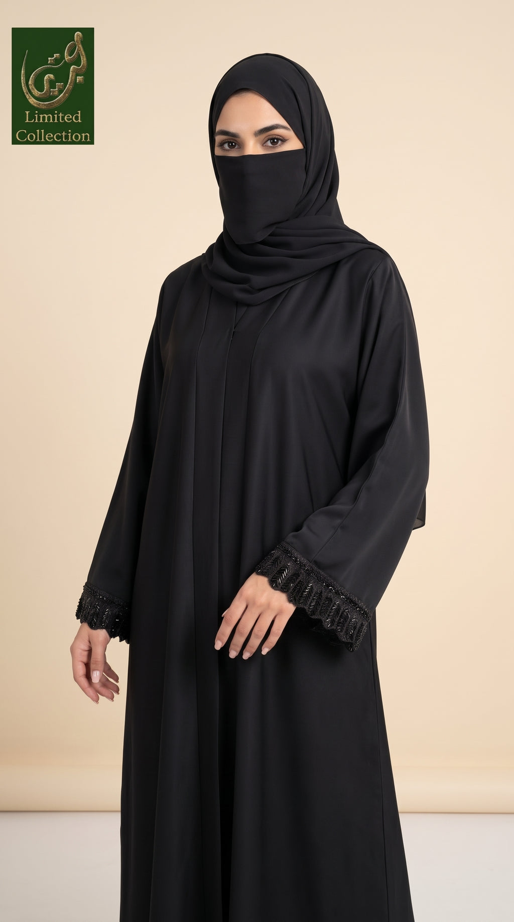 Front-Open Black Abaya with Fringe Cutdana Handwork | Premium Nida Handcrafted Cutdana Black Abaya
