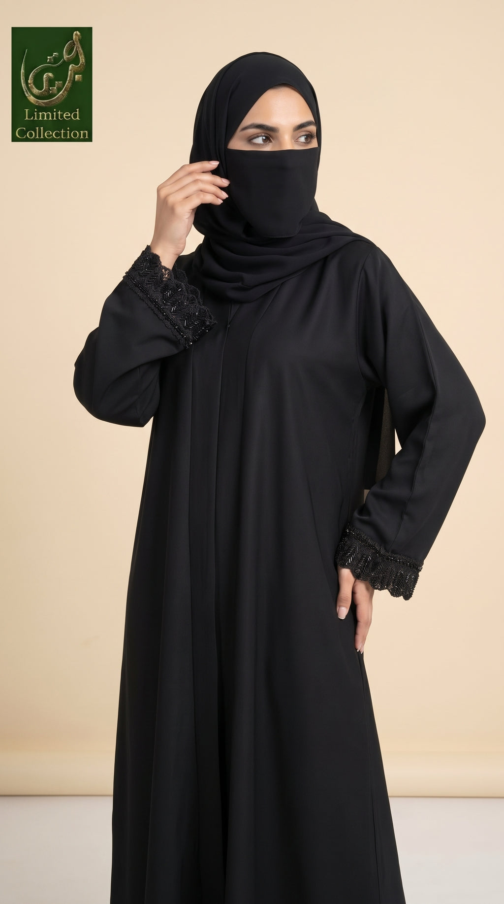 Front-Open Black Abaya with Fringe Cutdana Handwork | Premium Nida Handcrafted Cutdana Black Abaya