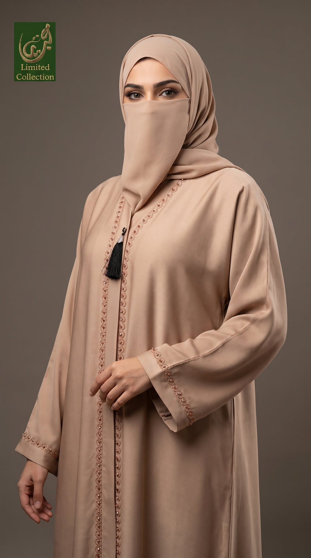 Front-Open Handwork Cutdana Abaya with a Tassel | Premium Romantic Nida Handcrafted Cutdana Colored Abaya