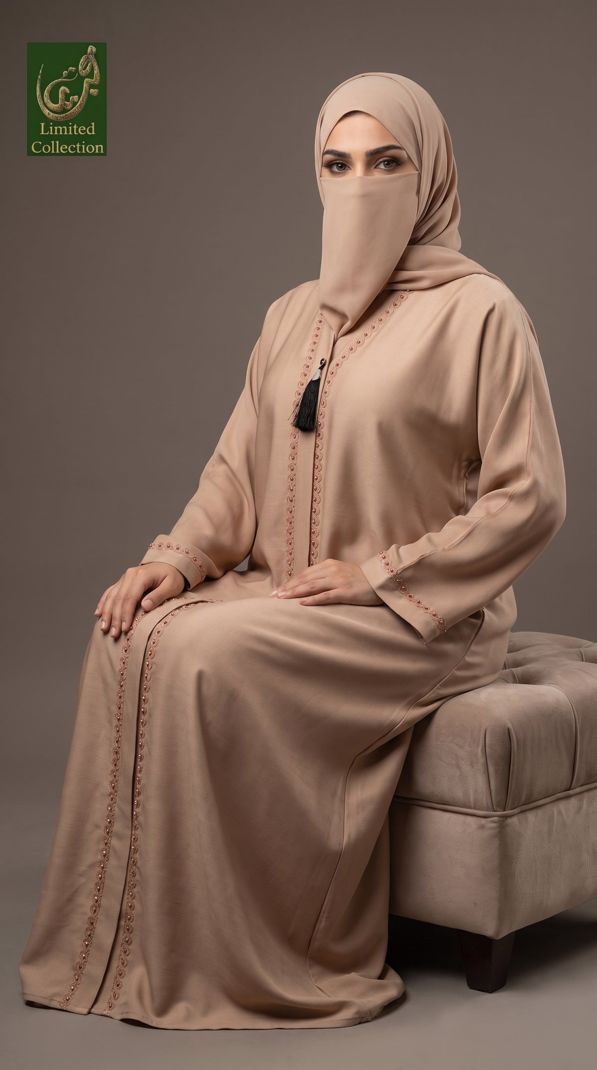 Front-Open Handwork Cutdana Abaya with a Tassel | Premium Romantic Nida Handcrafted Cutdana Colored Abaya