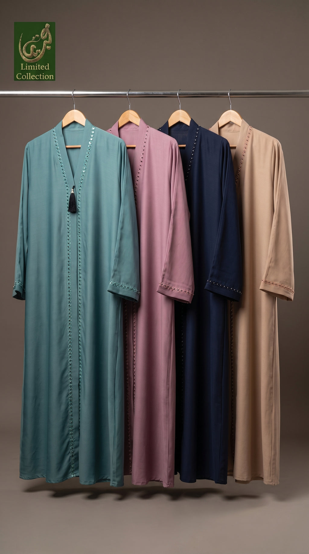 Front-Open Handwork Cutdana Abaya with a Tassel | Premium Romantic Nida Handcrafted Cutdana Colored Abaya
